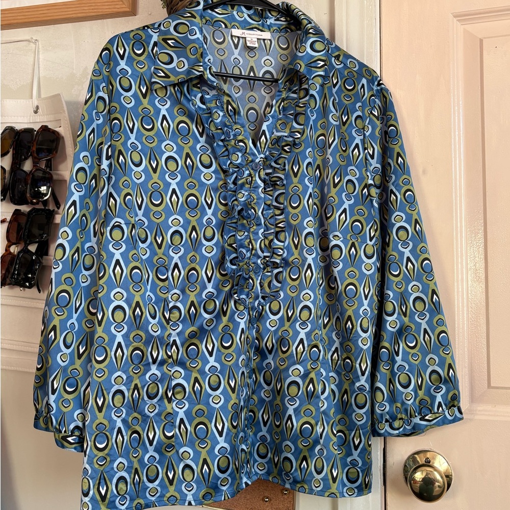 JM Collection Blue and Green Geometric Blouse